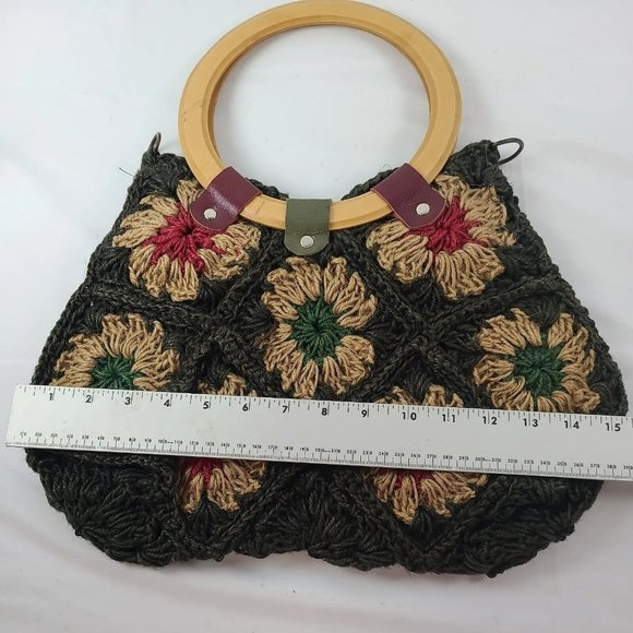 Jute Floral Crochet Handbag Purse Tote Boho Flowers Patchwork Wood Handle Bag - Picture 14 of 14